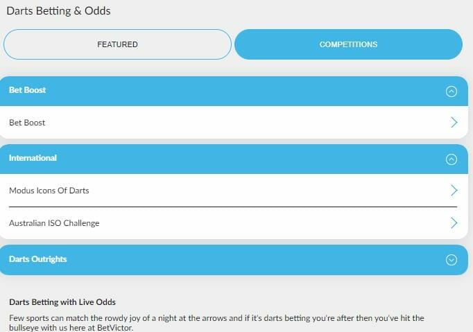 screenshot of darts betting & odds at BetVictor